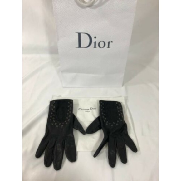 Christian Dior Womens Gloves Black Leather Cotton - Picture 1 of 12
